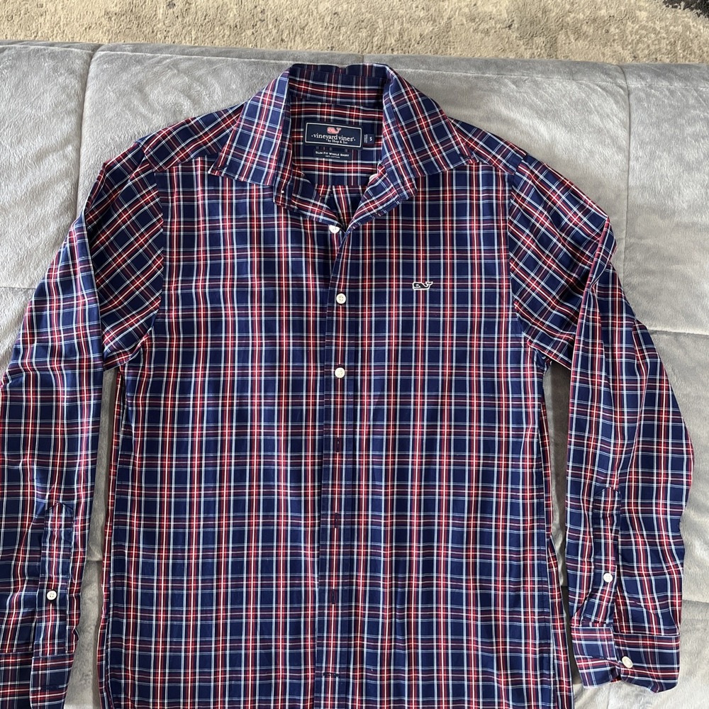 Vineyard Vines Button Down Shirt Classic Fit Whale Shirt‎ Small Check Blue Red